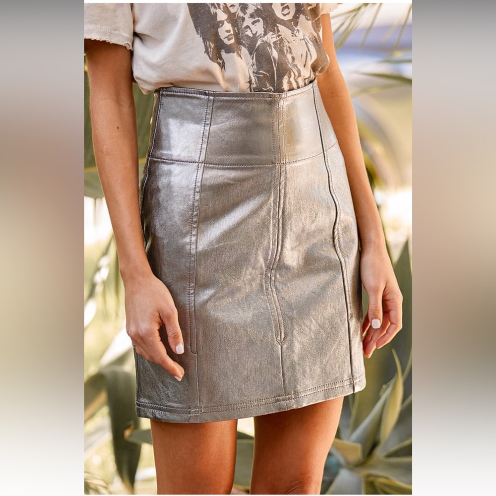 Free People Holding Onto A Dream Metallic Silver Coated Mini Skirt